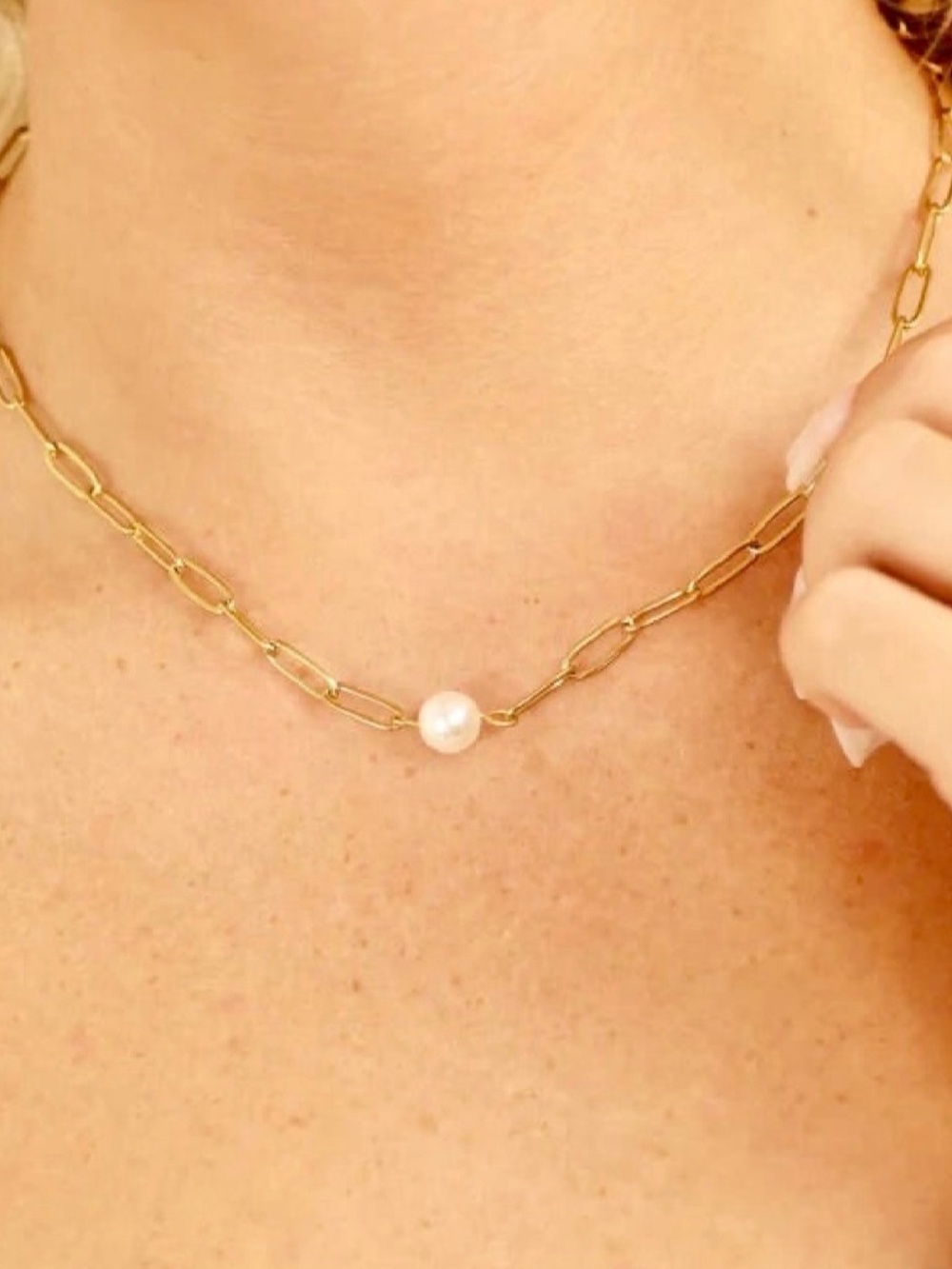 NWOT Paperclip Chain with Pearl Necklace 18k gold plated & Stainless Steel